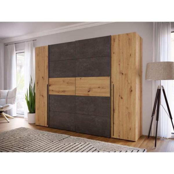 Armoire - Décor chene artisan et béton gris - 2 portes battantes + 2 portes coulissantes - L 270,3 x P 61,2 x H 210 cm - NARAG