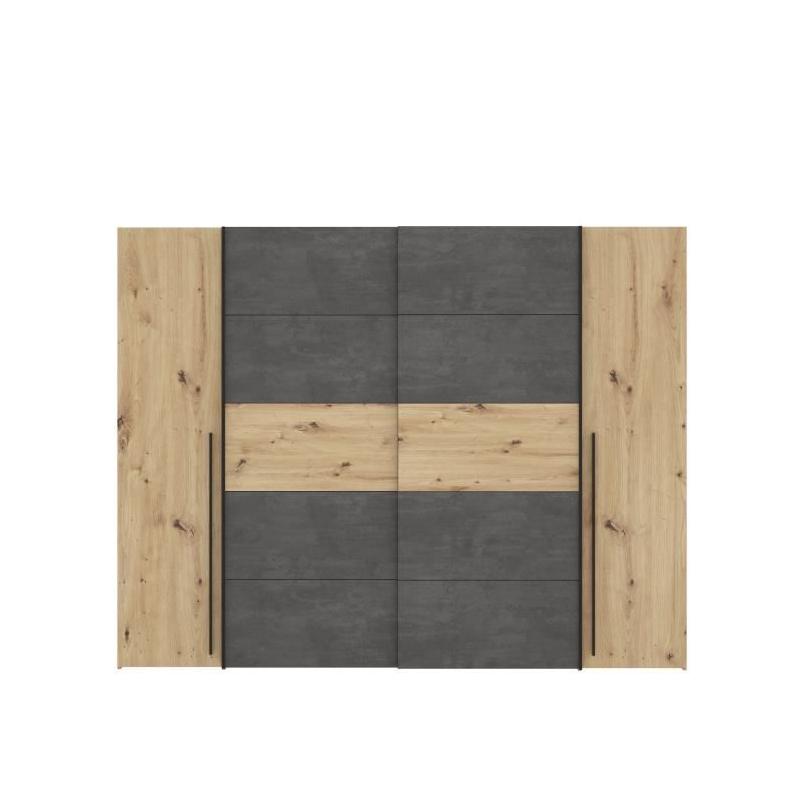 Armoire Chêne Artisan et Béton - 2 Portes Battantes + 2 Portes Coulissantes