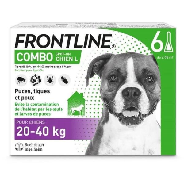 FRONTLINE 6 Pipettes Combo Chien L - 20 a 40 kg - Puces tiques et poux