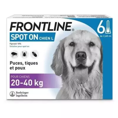 Protégez votre chien de 20 à 40 kg contre les puces, tiques et poux - Frontline 6 pipettes