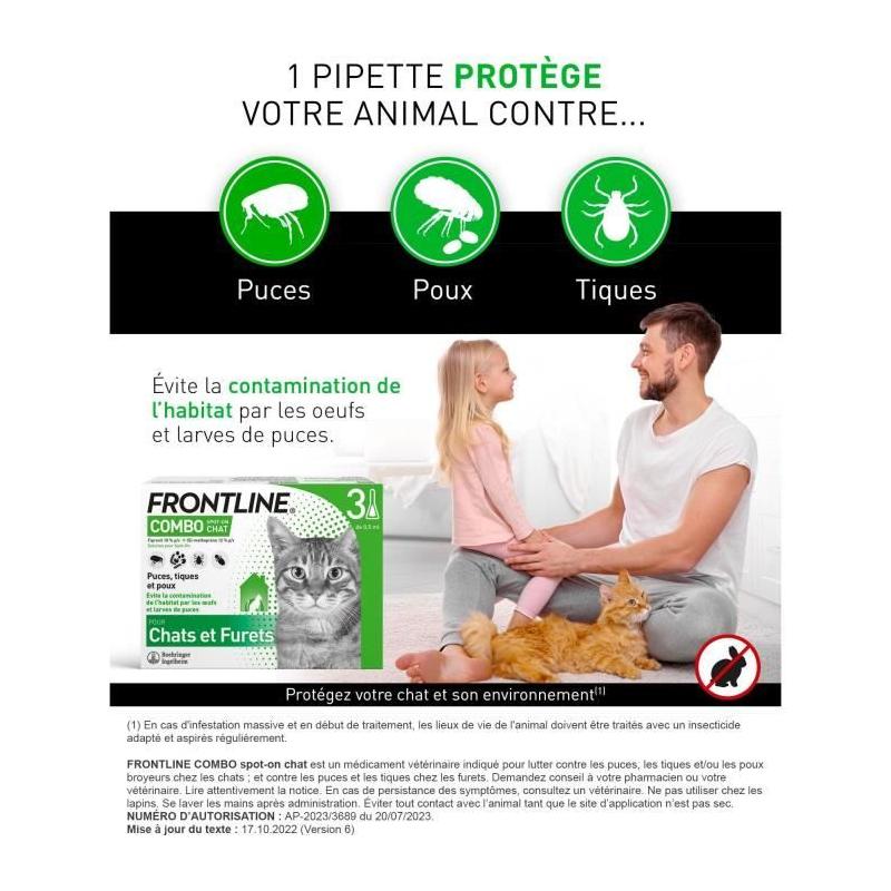 Traitement antiparasitaire FRONTLINE 3 pipettes Combo Chats et Furets