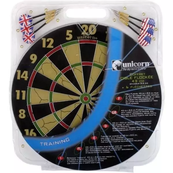 Coffret cible - UNICORN - Flocquée 43cm avec 6 fléchettes ailettes