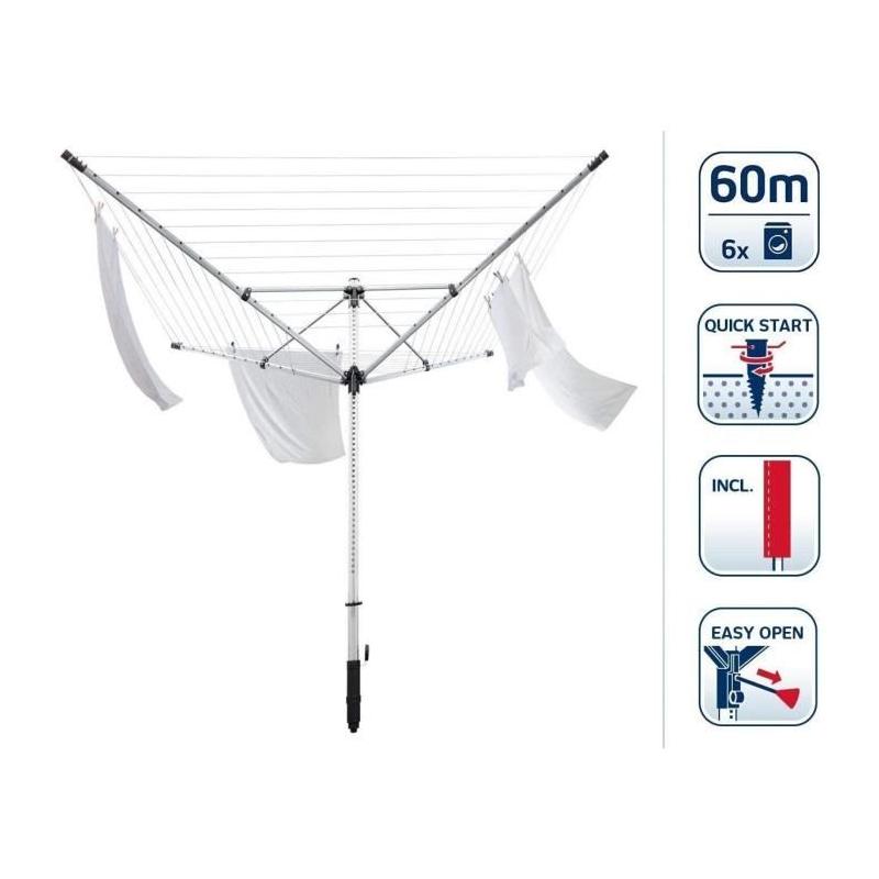 Étendoir jardin parapluie Leifheit LinoLift 600 QuickStart, 60m, housse de protection
