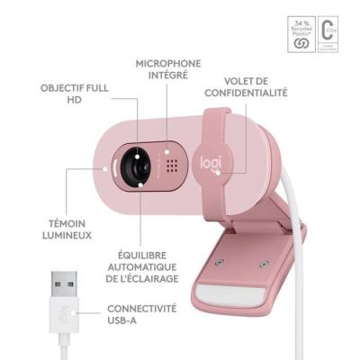 Webcam Logitech Brio 100 Full HD Rose avec Confidentialité et Correction Automatique