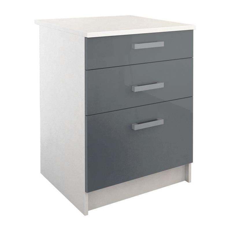 Meuble bas de cuisine 3 tiroirs 60cm blanc/gris - Plus responsable & Made in France