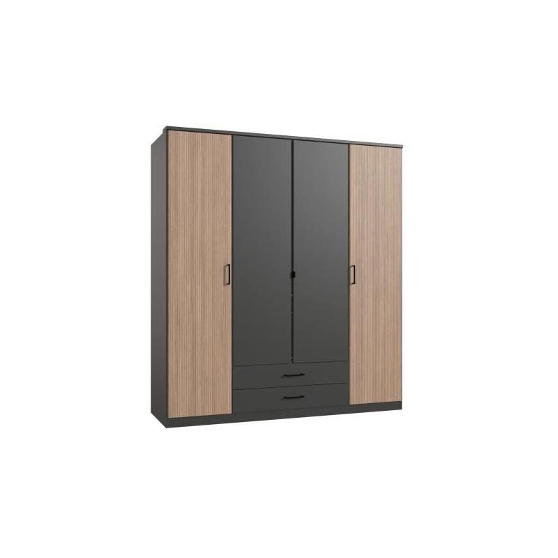 Armoire de chambre AGIA - Graphite - 4 portes battantes - 2 tiroirs