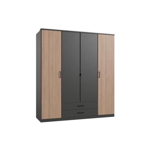 Armoire AGIA - Décor gris et chene - 4 portes battantes + 2 tiroirs - L180 x H199 x P58 cm