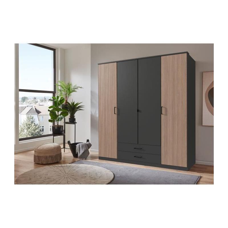 Armoire de chambre AGIA - Graphite - 4 portes battantes - 2 tiroirs