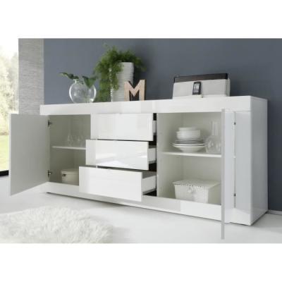 Buffet BASICO 2 Portes 3 Tiroirs Blanc Laqué Brillant - L210xP42xH85,8 cm