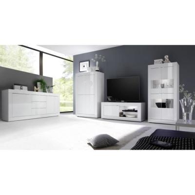 Buffet BASICO 2 Portes 3 Tiroirs Blanc Laqué Brillant - L210xP42xH85,8 cm