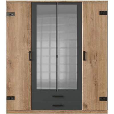Armoire de chambre CORFOU 4 portes 2 miroirs Chêne poutre / Graphite