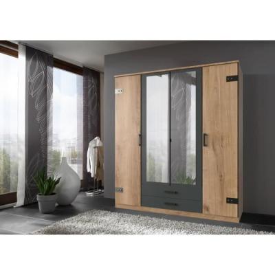 Armoire de chambre CORFOU 4 portes 2 miroirs Chêne poutre / Graphite