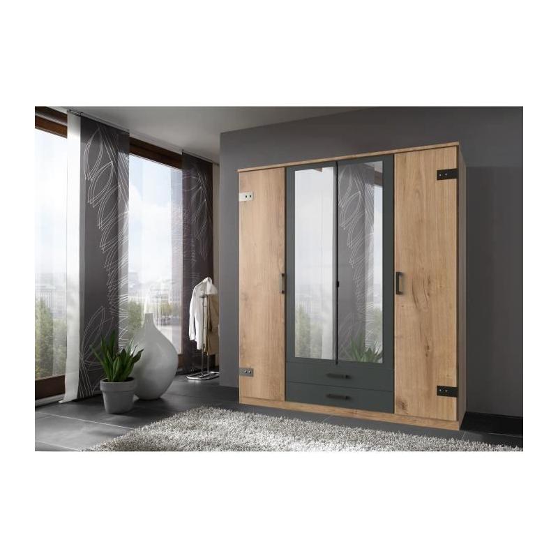 Armoire de chambre CORFOU 4 portes 2 miroirs Chêne poutre / Graphite