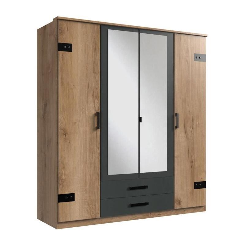 Armoire de chambre CORFOU 4 portes 2 miroirs Chêne poutre / Graphite