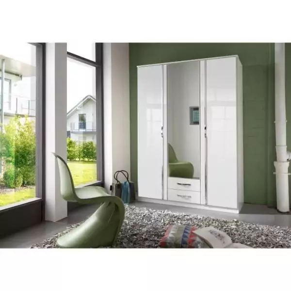 Armoire 3 portes battantes + miroir - Décor blanc brillant - L 135 x P 56 x H 199 cm - TRIO