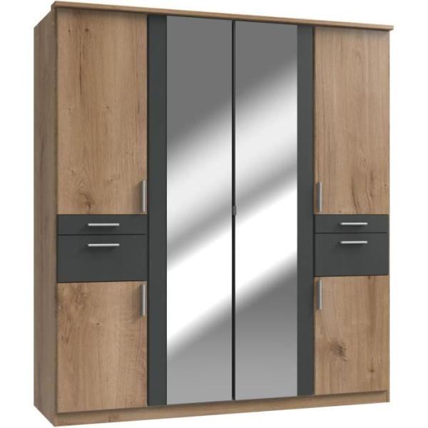 Armoire de chambre - VOLOS - Chene poutre / Graphite - 6 portes - 2 portes miroirs - 4 tiroirs - 180 x 58 x 199 cm
