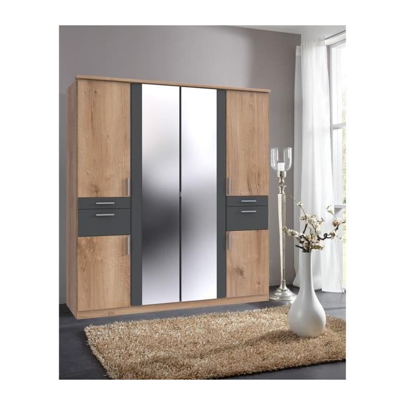 Armoire de chambre VOLOS Chêne poutre / Graphite - 6 portes - 2 miroirs