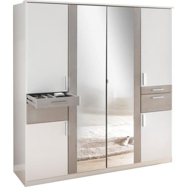 Armoire de chambre - VOLOS - Blanc / Béton gris clair - 6 portes - 2 portes miroirs - 4 tiroirs - 180 x 58 x 199 cm