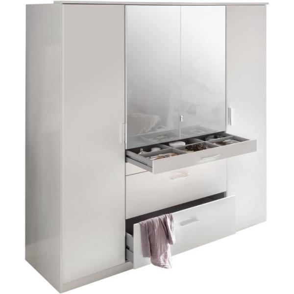 Armoire de chambre - Décor blanc - 4 portes battantes - 2 miroirs - 4 tiroirs - 180 x 58 x 199 cm