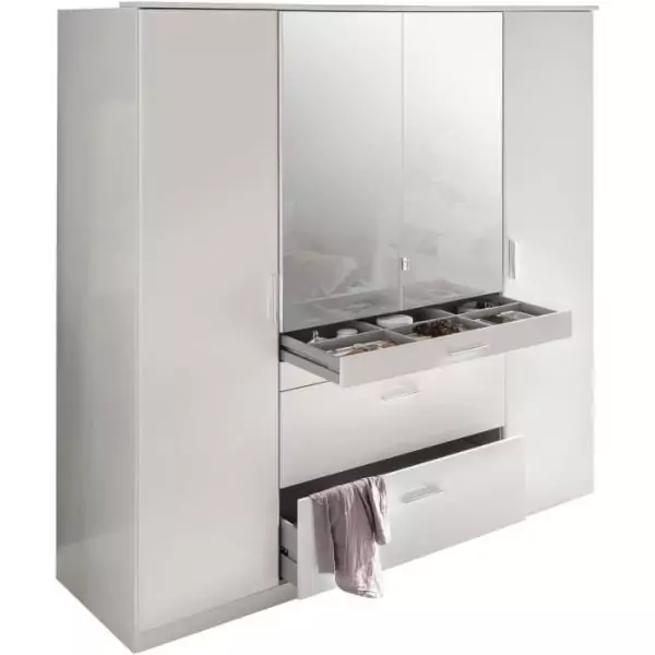Armoire de chambre - Décor blanc - 4 portes battantes - 2 miroirs - 4 tiroirs - 180 x 58 x 199 cm