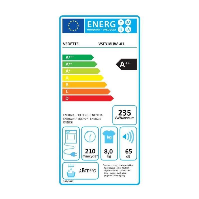 Sèche-linge pompe à chaleur VEDETTE VSF318HW - 8 kg - Blanc
