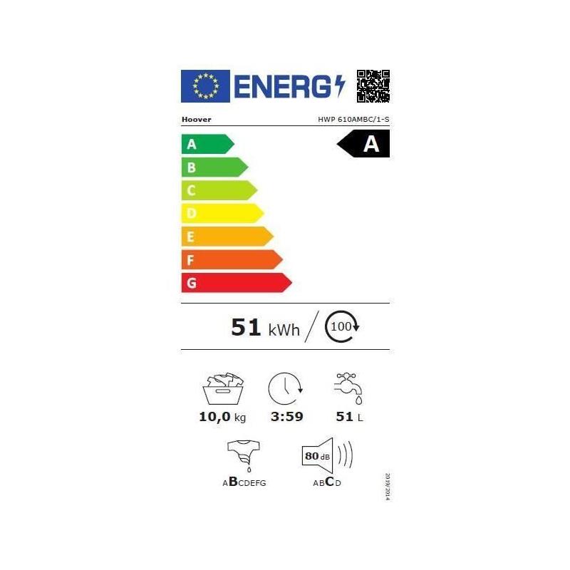 Lave-linge Hoover HWP 610AMBC/1-S: 10kg, Induction, Vapeur - Blanc