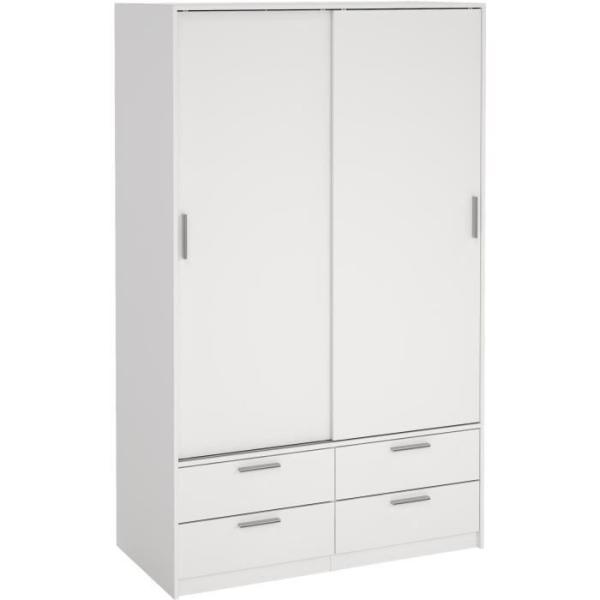 Armoire - Blanc mat - 2 portes coulissantes - 4 tiroirs - L121,2 x P60,25 x H200 cm - ONTARIO