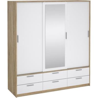 Armoire de chambre ONTARIO - 3 portes - 6 tiroirs - Blanc brillant / Chene