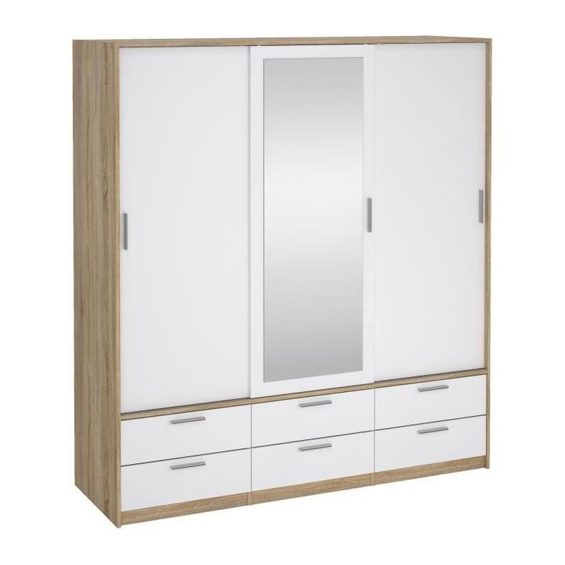 Armoire de chambre ONTARIO - 3 portes - 6 tiroirs - Blanc brillant / Chene
