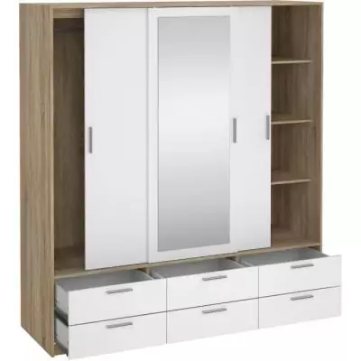 Armoire de chambre ONTARIO - 3 portes - 6 tiroirs - Blanc brillant / Chene