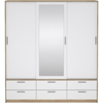Armoire de chambre ONTARIO - 3 portes - 6 tiroirs - Blanc brillant / Chene