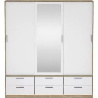 Armoire de chambre ONTARIO - 3 portes - 6 tiroirs - Blanc brillant / Chene