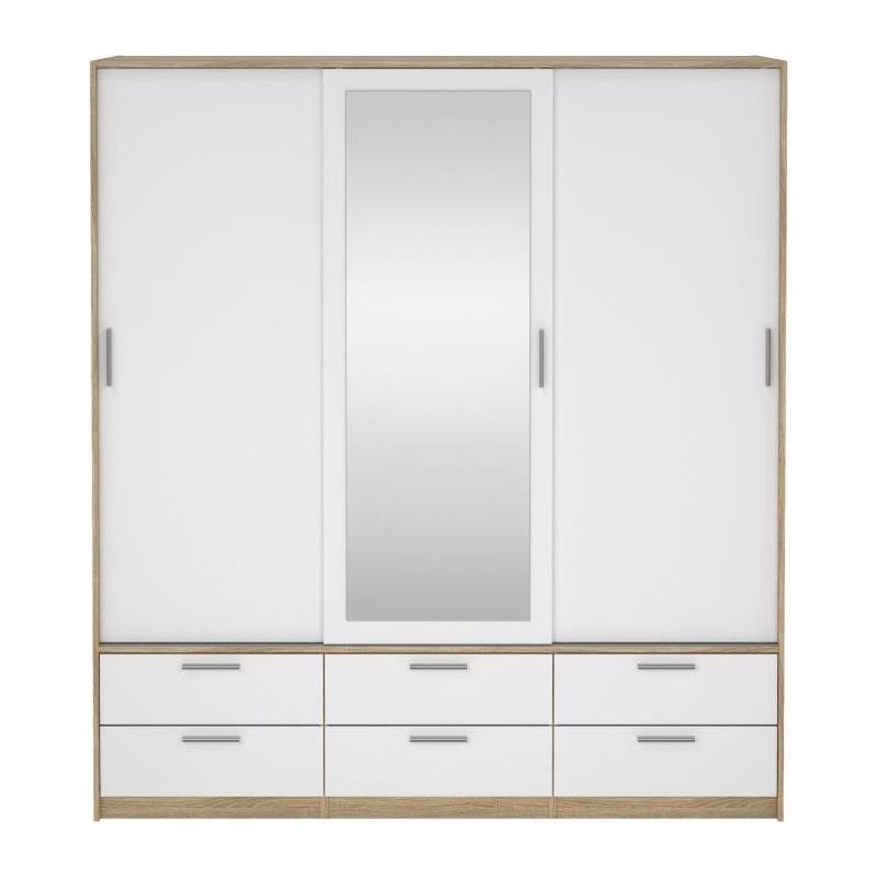 Armoire de chambre ONTARIO - 3 portes - 6 tiroirs - Blanc brillant / Chene