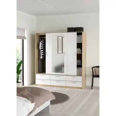 Armoire de chambre ONTARIO - 3 portes - 6 tiroirs - Blanc brillant / Chene