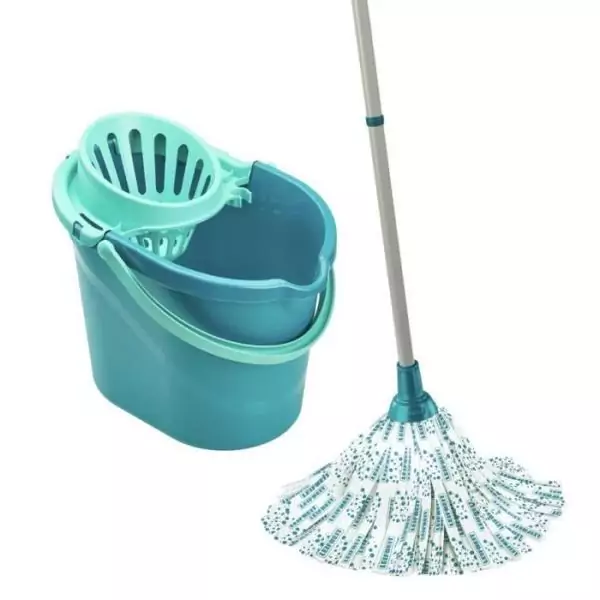 Set lave sol avec seau essoreur Leifheit Classic 56792, balai a franges en viscose tres absorbantes, seau essoreur 12 L, turquoi