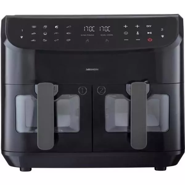 Friteuse a Air Chaud - MEDION - P20 XXL Twin - 2600 W - 2 paniers - 9 programmes - Noir