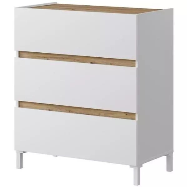 Commode 3 tiroirs - Décor chene et blanc - Finition satinée - L79 x P41 x H90 cm - TEMPUS