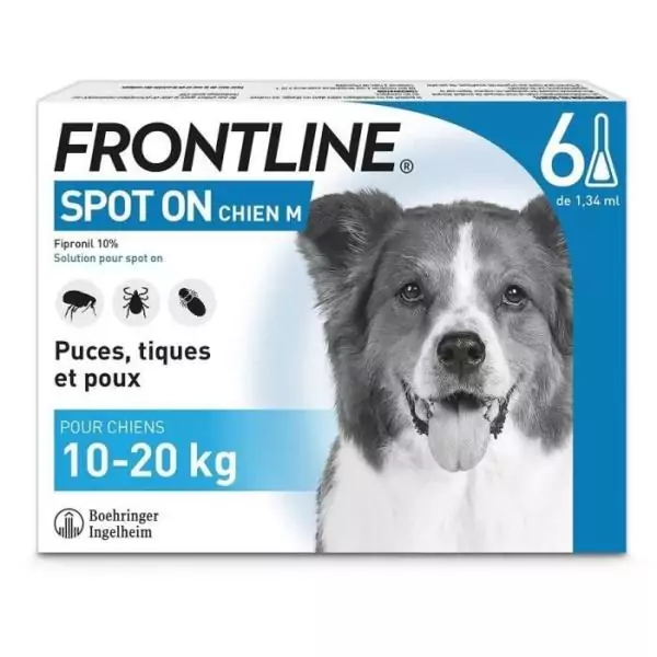 FRONTLINE 6 pipettes Spot On Chien M - 10 a 20 kg - Puces tiques et poux