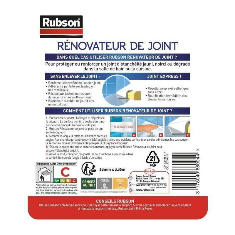Rubson Renov'Joint - Ruban d'étanchéité SDB Saine - 38mmx3.35m