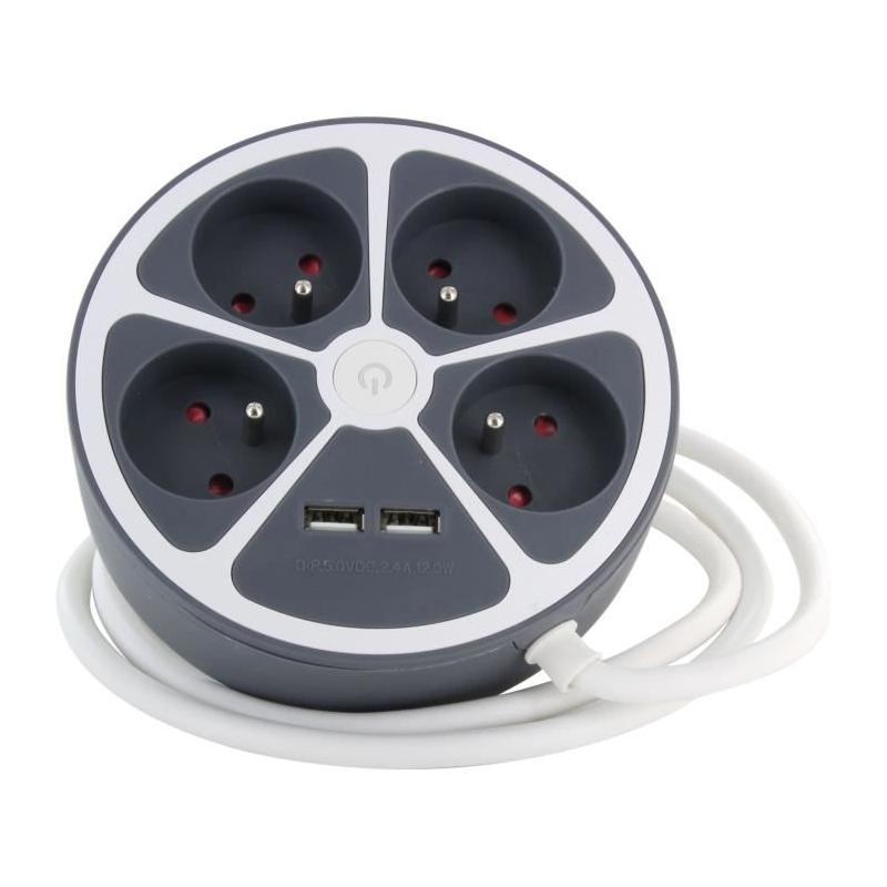 Bloc cercle - CHACON - 4 x16 A + 2 USB-1 - 1,5 m - Gris - Compact et polyvalent
