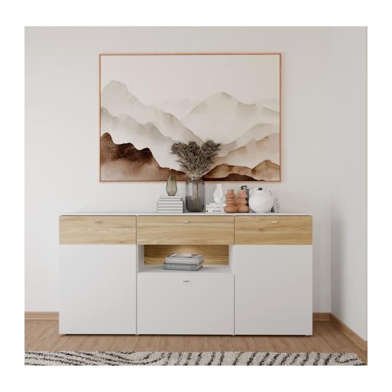 Buffet COMO 3 portes 1 tiroir LED - Gris/Chene - 195 cm