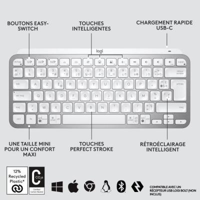 Clavier Logitech MX Keys Mini - Sans fil - Rétroéclairé - Gris clair
