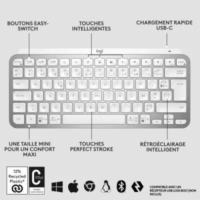 Clavier Logitech MX Keys Mini - Sans fil - Rétroéclairé - Gris clair