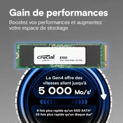 SSD interne CRUCIAL E100 480Go PCIe Gen4 NVMe M.2 - Vitesse jusqu'à 470 Mo/s SSD interne CRUCIAL E100 480Go PCIe Gen4 NVMe M.2 - Vitesse jusqu'à 470 Mo/s
