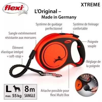 Laisse extensible TRIXIE flexi XTREME - Taille L - 8m - Noir et orange