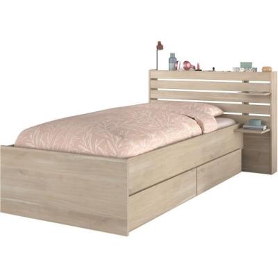 Lit enfant ESCALE 90x190/200 cm - Chene - Tete de lit + 2 tiroirs