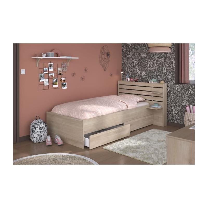 Lit enfant ESCALE 90x190/200 cm - Chene - Tete de lit + 2 tiroirs