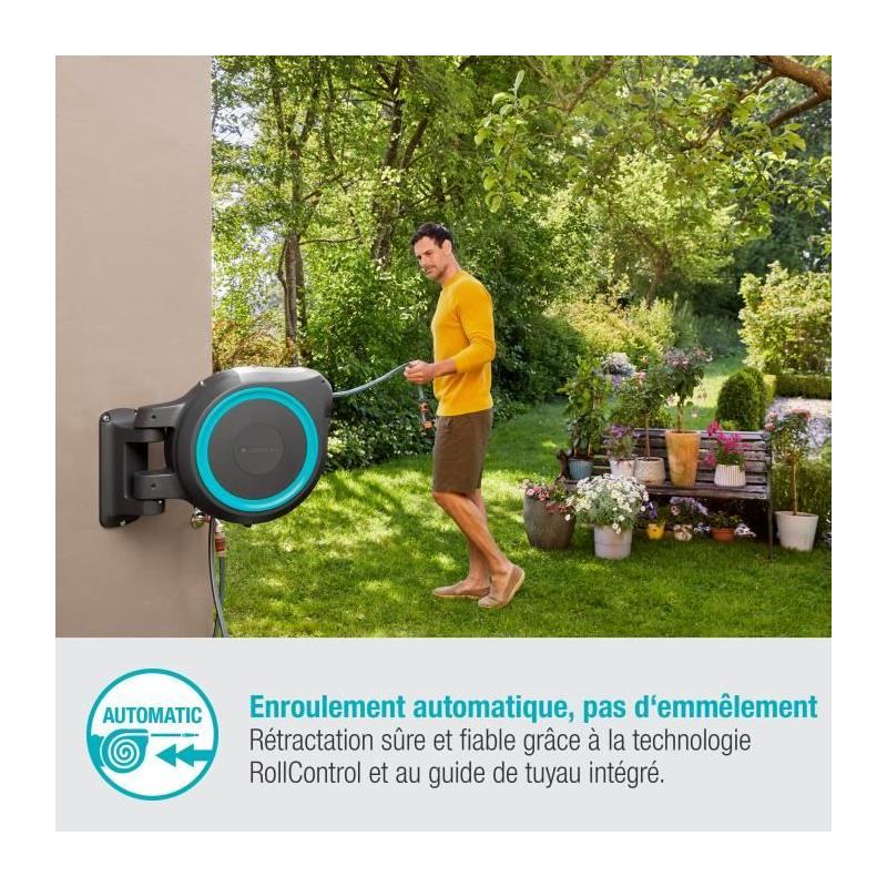 Dévidoir automatique mural RollUp L GARDENA - Kit complet 
