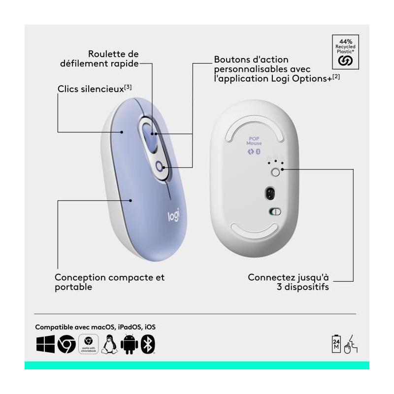 Souris sans fil Logitech Pop Mouse - Lilas - Compacte et colorée