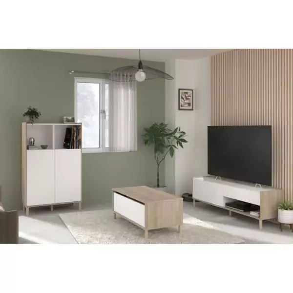 Ensemble meuble de salon - Meuble TV, table basse relevable, bahut haut - MORPHOS - Décor blanc / Chene - PARISOT